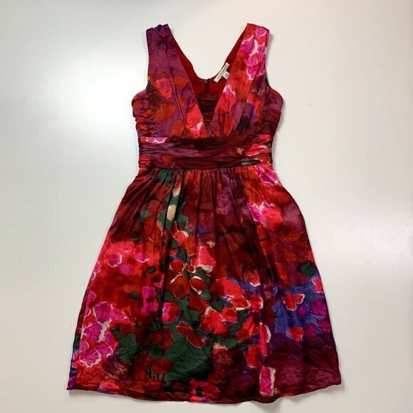 Banana Republic Dress Silk Watercolor Painting Red Pink Ruched V Neck Wedding 2 - Picture 4 of 12